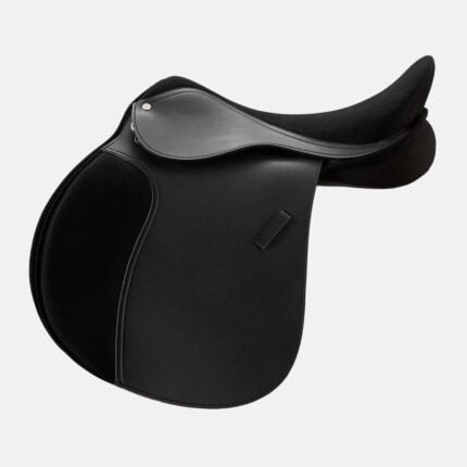 Outer synthetic leather and synthetic suede. Synthetic fibre wool flocking. Polished leather girth straps. Stainless steel hardware.